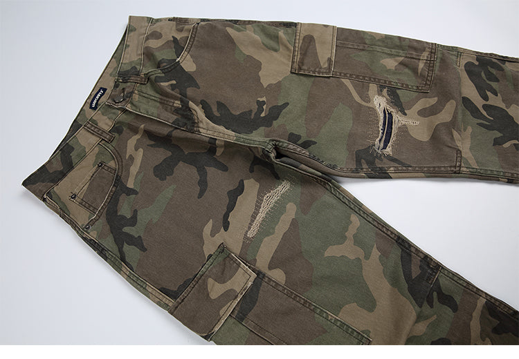 Men's American Street Retro Cargo Pants - Camouflage Heavy Washed Ripped Straight-Leg Pants