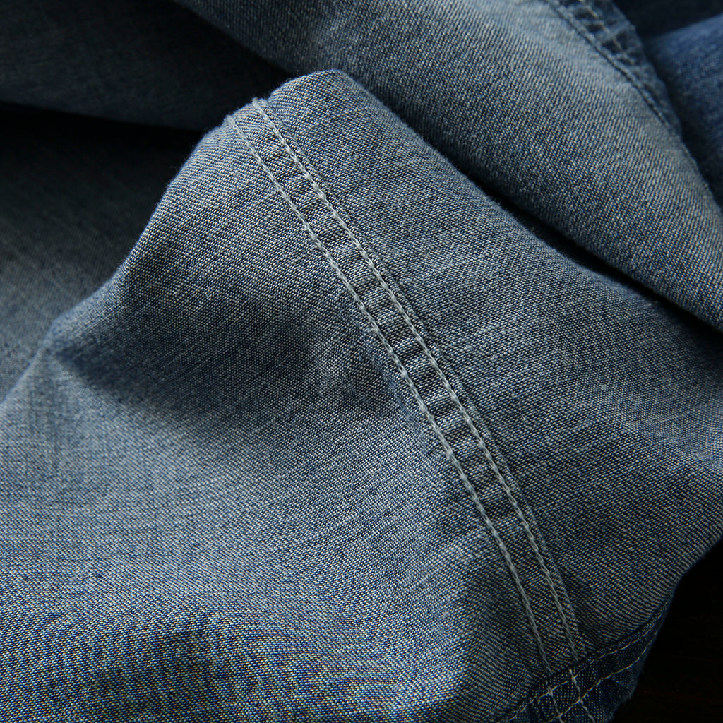 Pure Cotton Enzyme Wash! Export Surplus Men's Summer Turn-down Collar Denim Short Sleeve Shirt Top