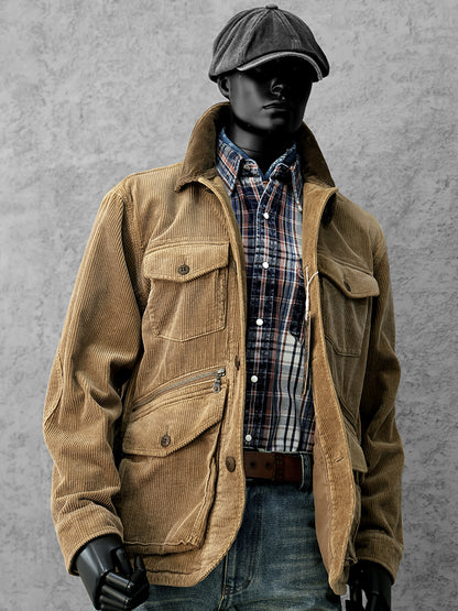 Corduroy Western Hunting Jacket for Men, Washed Multi-Pocket Outdoor Adventure Workwear Retro Windbreaker Jacket