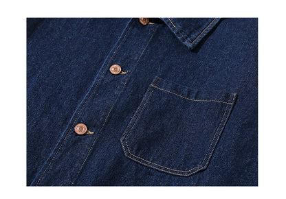 Japanese Retro Workwear Denim Shirt – Loose Turn-Down Collar for Spring/Autumn