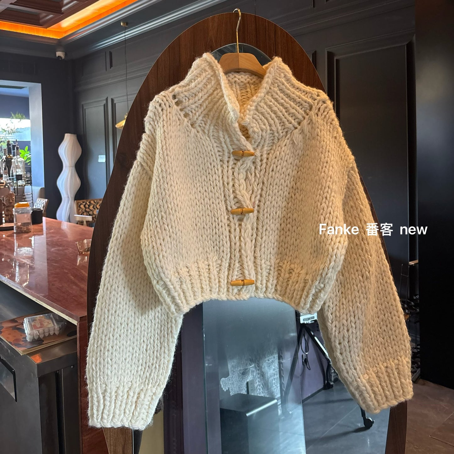 Women's High-End Wool Knitted Cardigan - Autumn Winter Lazy Style High Collar Horn Button Short Loose Top