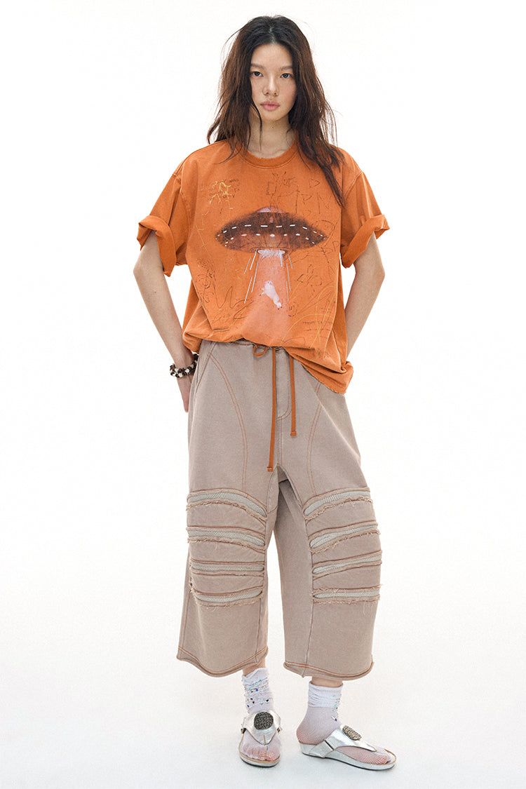 Alien Piggy 230g UFO Piggy Print Orange Short Sleeve T-Shirt
