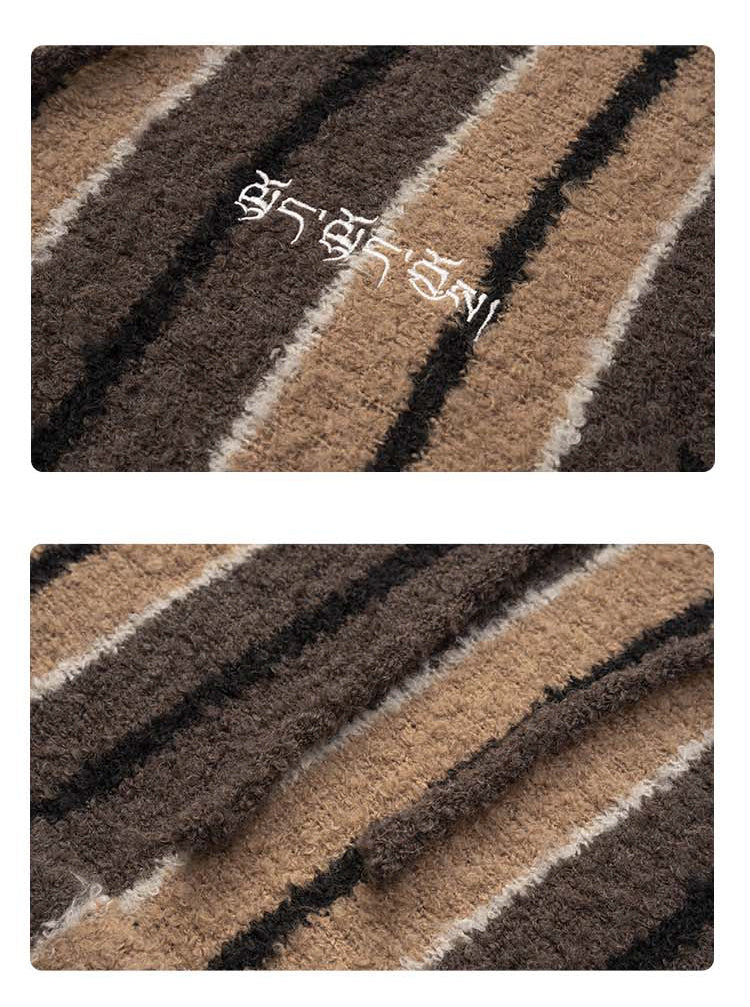 MEDRIA Retro Striped Wool Blend Tibetan Hoodie Autumn Winter Lazy Style Knitted Sweater Unisex Hooded Jacket