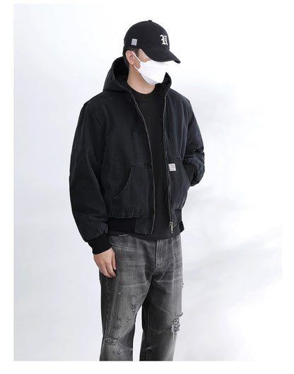 Vintage Wash Distressed Cargo Hoodie Jacket – Thermal Insulated Men's Coat