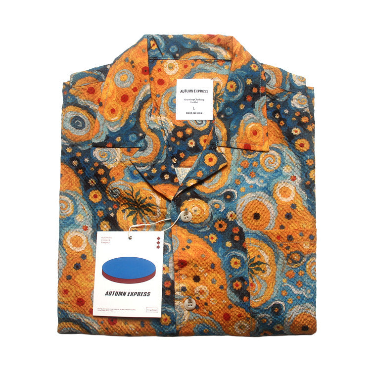 Seersucker Cuban Collar Printed Shirt – Men's Vintage Beach Short Sleeve