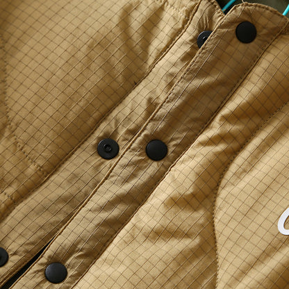 Collarless Down Jacket – Wave Quilting & Snap Front