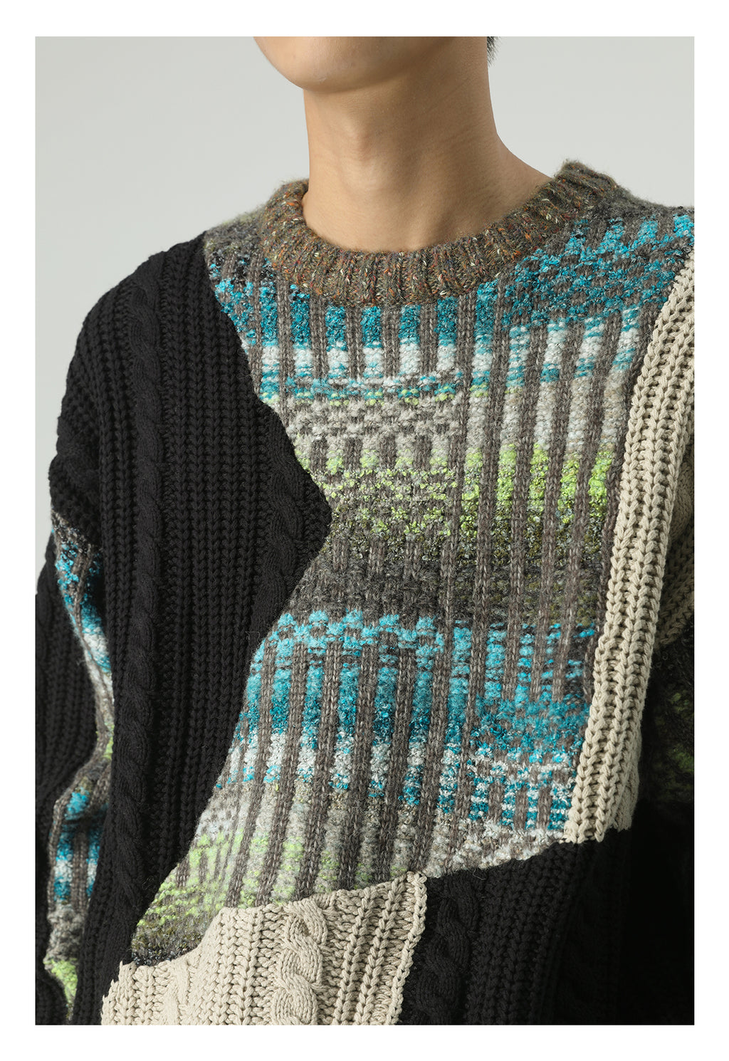 Heavy-weight twisted patchwork gradient back collar camel wool sweater