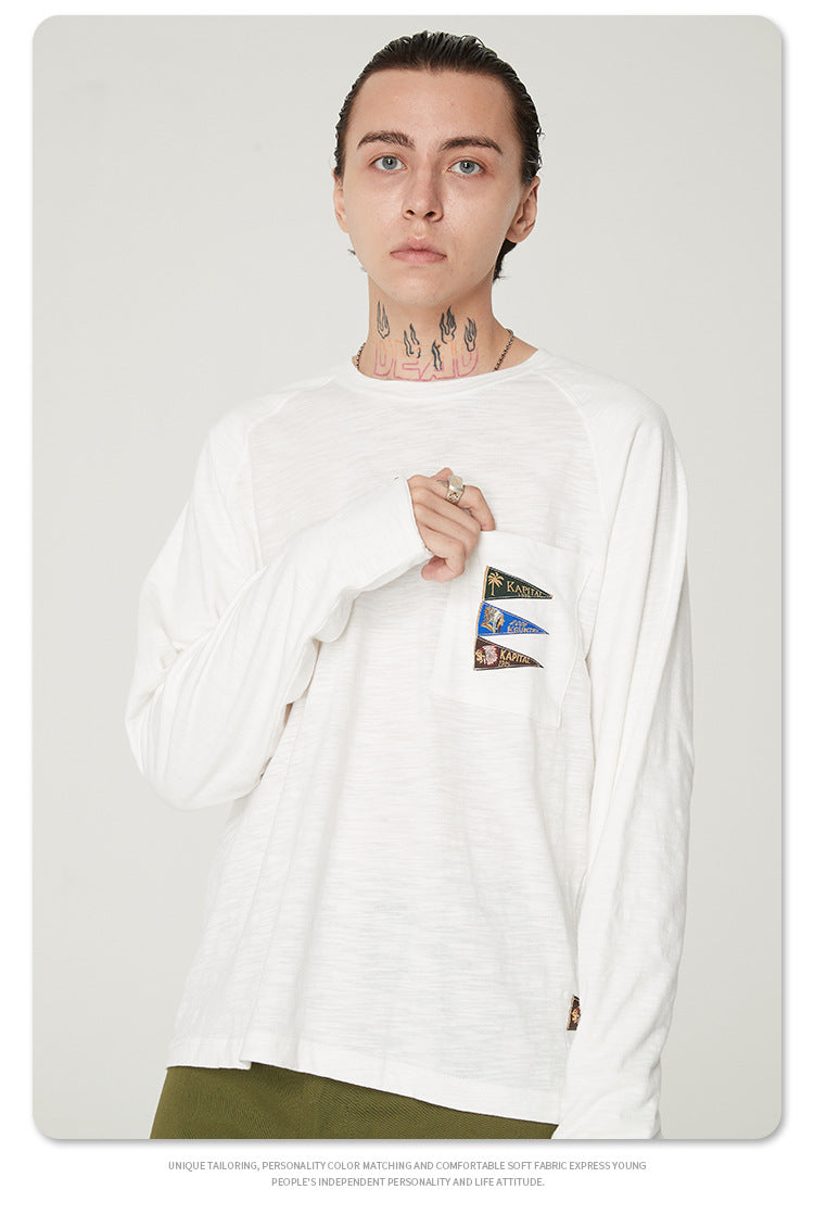 Japanese Style Flag Embroidery Loose Round Neck Men's Versatile Long Sleeve T-Shirt