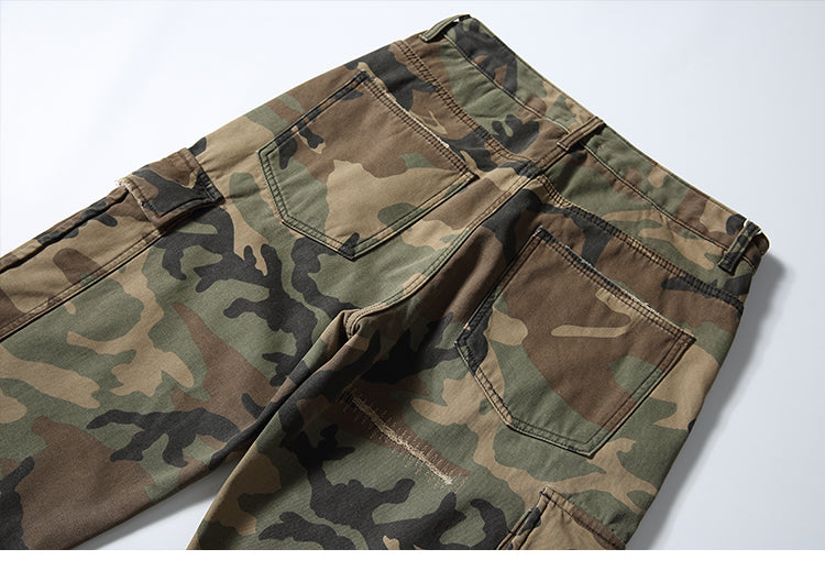 Men's American Street Retro Cargo Pants - Camouflage Heavy Washed Ripped Straight-Leg Pants