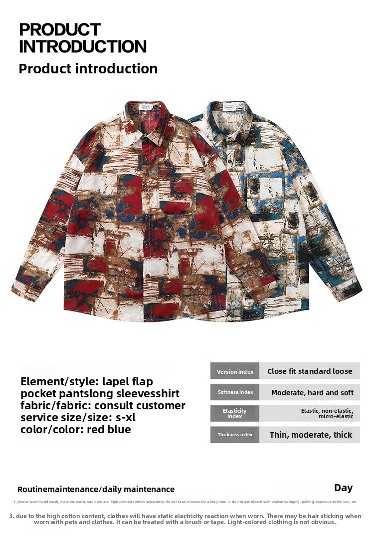 Trendy Street Irregular Oil Painting Full Print Long Sleeve Shirt for Men Autumn Niche Casual Shirt Jacket