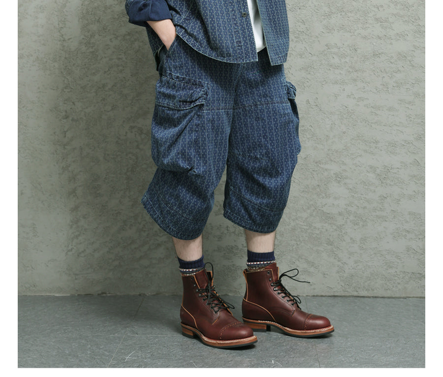 Blue Dyed Jacquard Loose Fit Scimitar Cropped Pants Japanese Retro Style with Large Pockets Casual Mid-Length Shorts