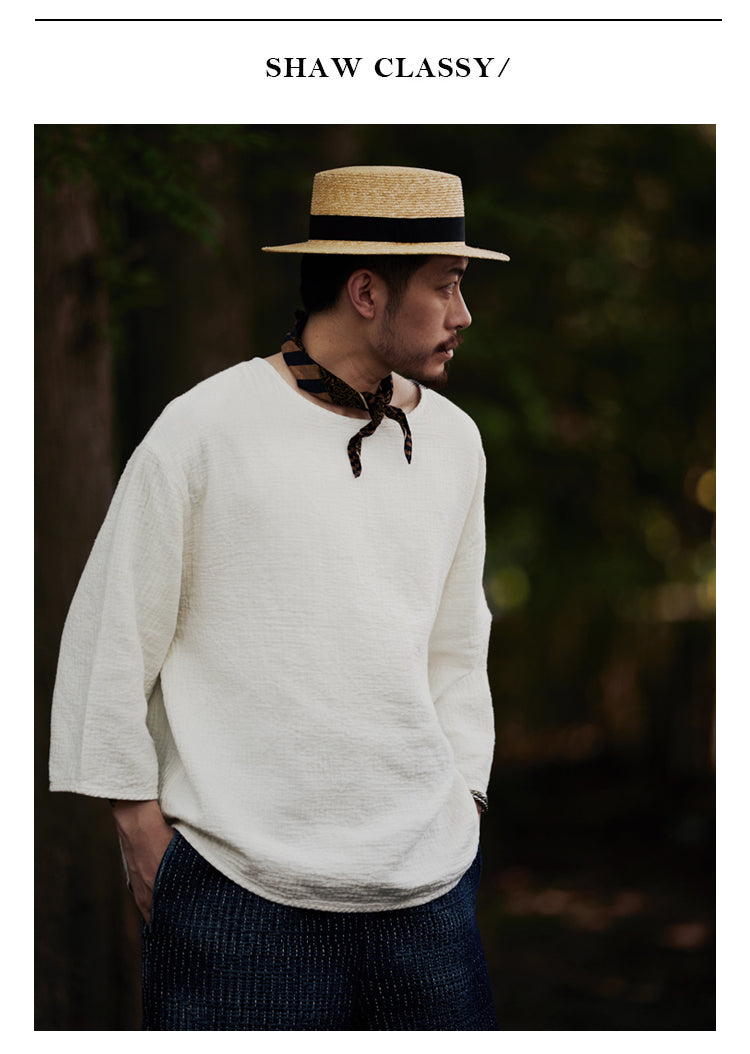 Original Japanese Retro White Sashiko Spring Summer Loose Couple Style Short Sleeve Embroidered Casual Three-Quarter Sleeve T-Shirt for Men