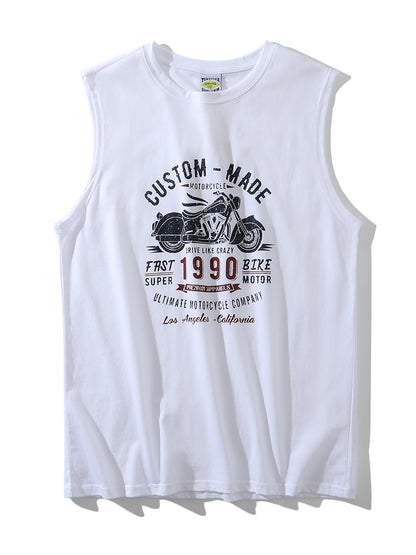 American-Retro Washed 100% Cotton Printed Sleeveless Vest – Trendy Summer Sports Casual Tee