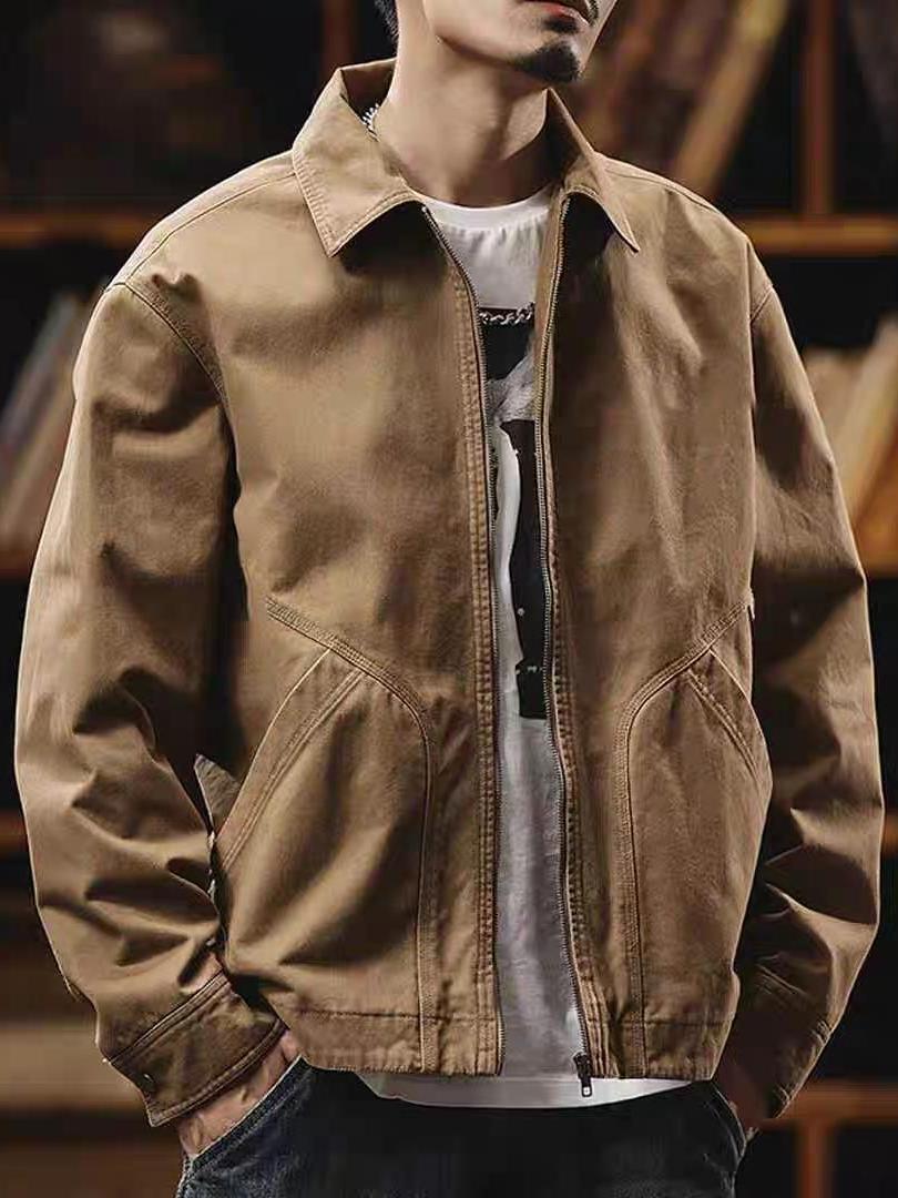 Men's American Retro Workwear Jacket - Autumn Winter Solid Color Pocket Design Casual All-Match Coat