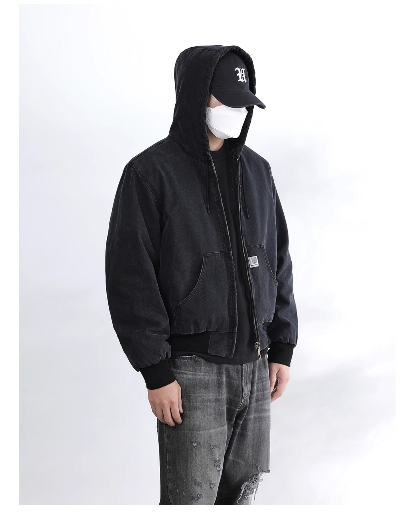 Vintage Wash Distressed Cargo Hoodie Jacket – Thermal Insulated Men's Coat