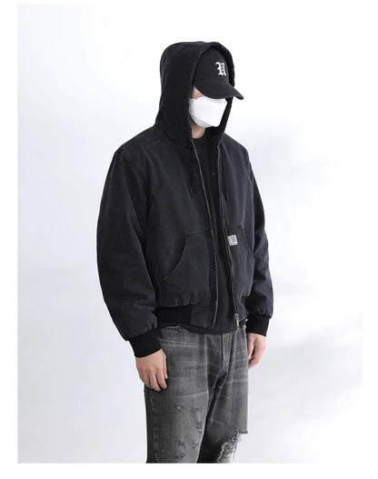Vintage Wash Distressed Cargo Hoodie Jacket – Thermal Insulated Men's Coat