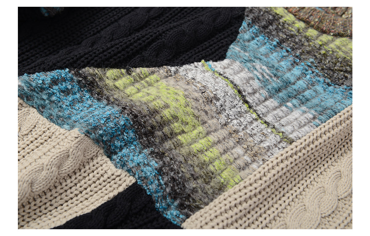 Heavy-weight twisted patchwork gradient back collar camel wool sweater