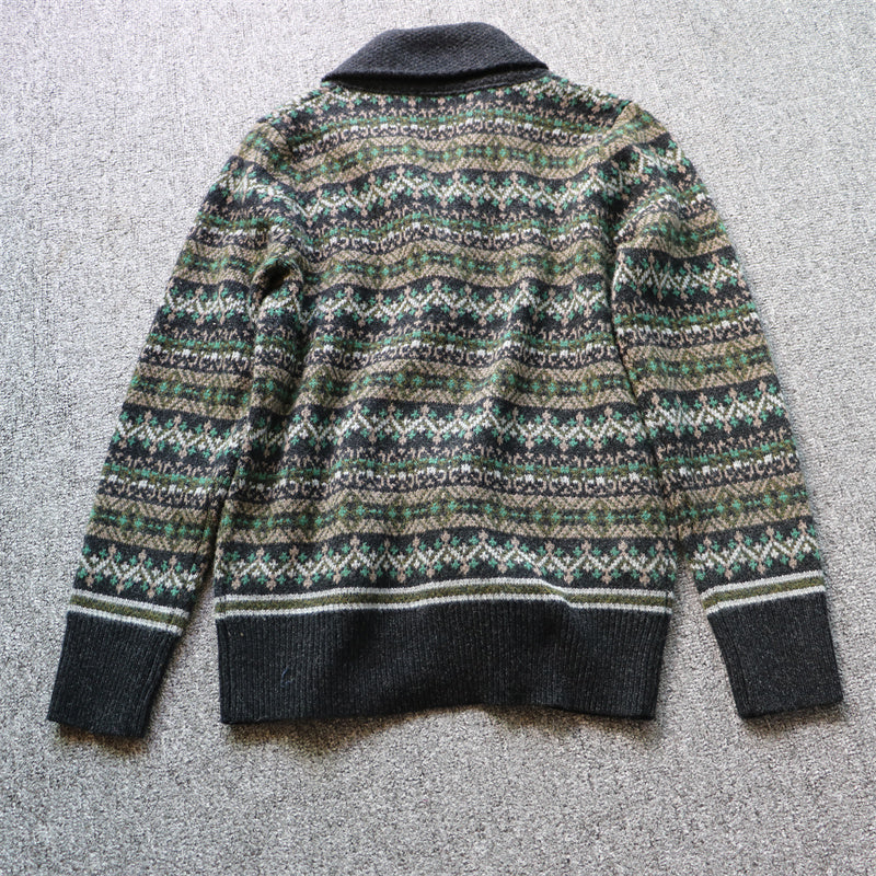 Heavyweight Color-Block Wool Cardigan Jacket – Retro Warm Knit (Unisex)