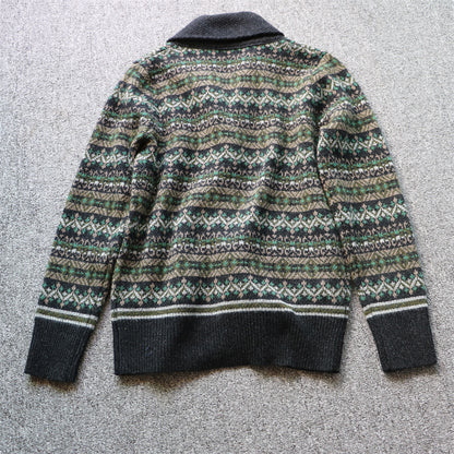 Heavyweight Color-Block Wool Cardigan Jacket – Retro Warm Knit (Unisex)