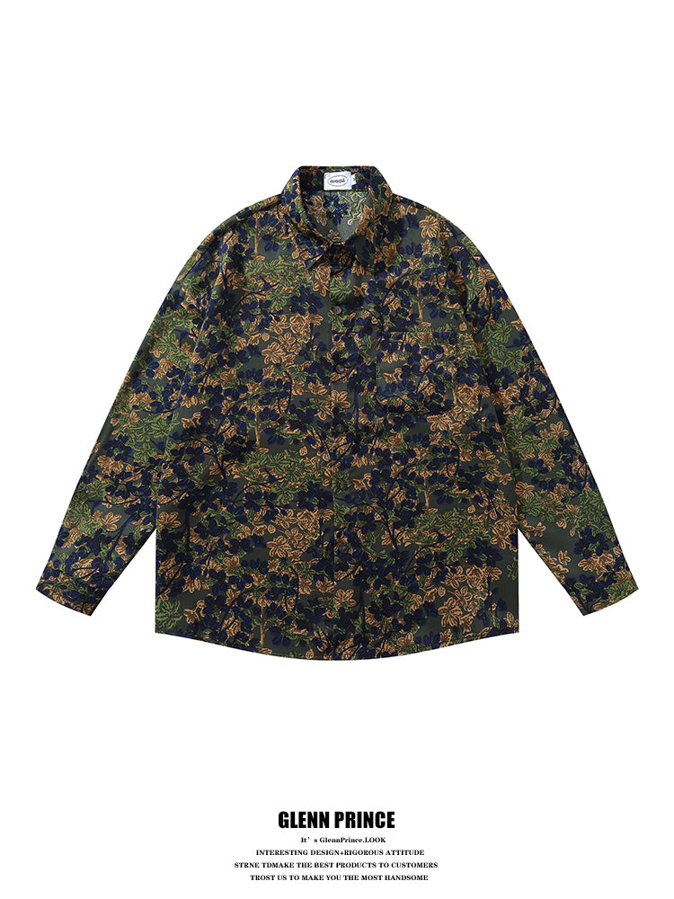 Japanese Style Trendy Floral Print Long Sleeve Shirt for Men Autumn Travel Vacation Lazy Casual Floral Shirt