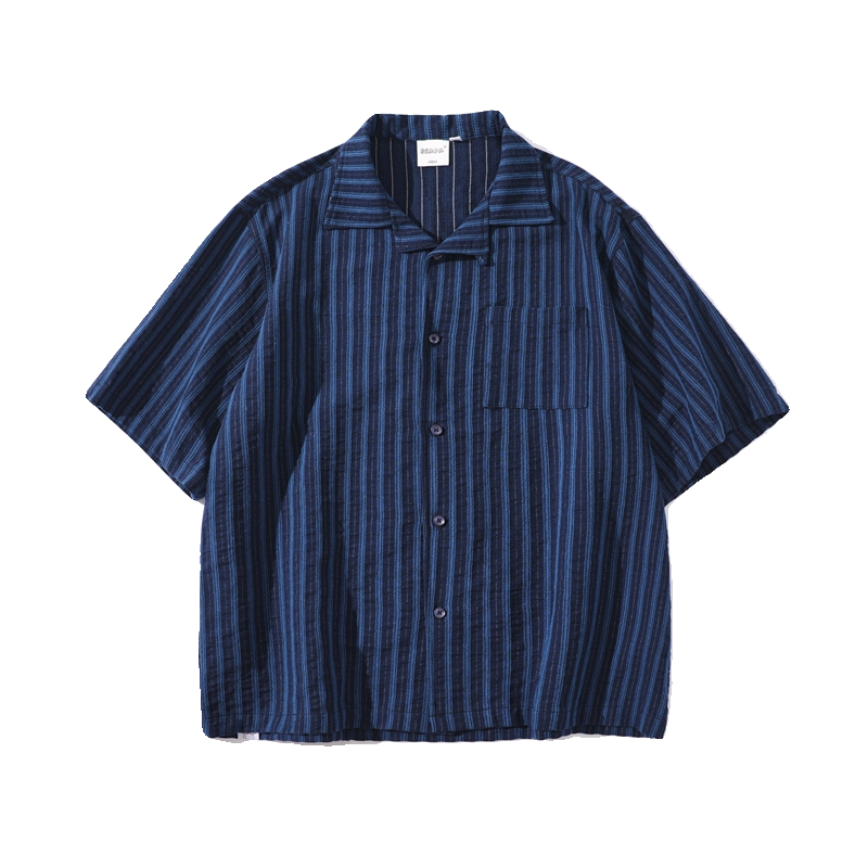 Pure Cotton Blue Striped Cuban-Collar Shirt – Japanese Retro, Loose Fit, Summer Essential