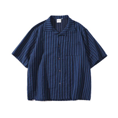 Pure Cotton Blue Striped Cuban-Collar Shirt – Japanese Retro, Loose Fit, Summer Essential