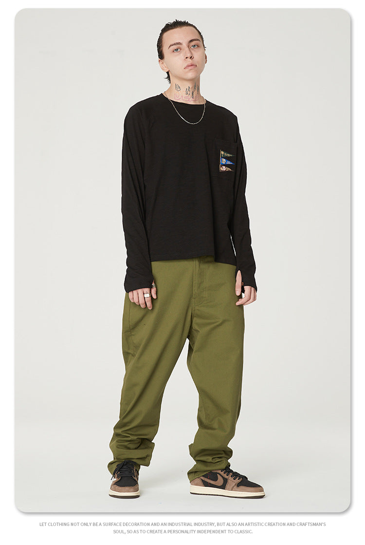 Japanese Style Flag Embroidery Loose Round Neck Men's Versatile Long Sleeve T-Shirt