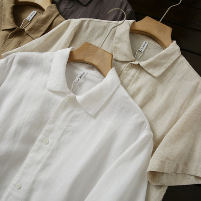 Cool Antibacterial Linen/Lyocell Men's Summer Turn-down Collar Loose Casual Short Sleeve Shirt Top