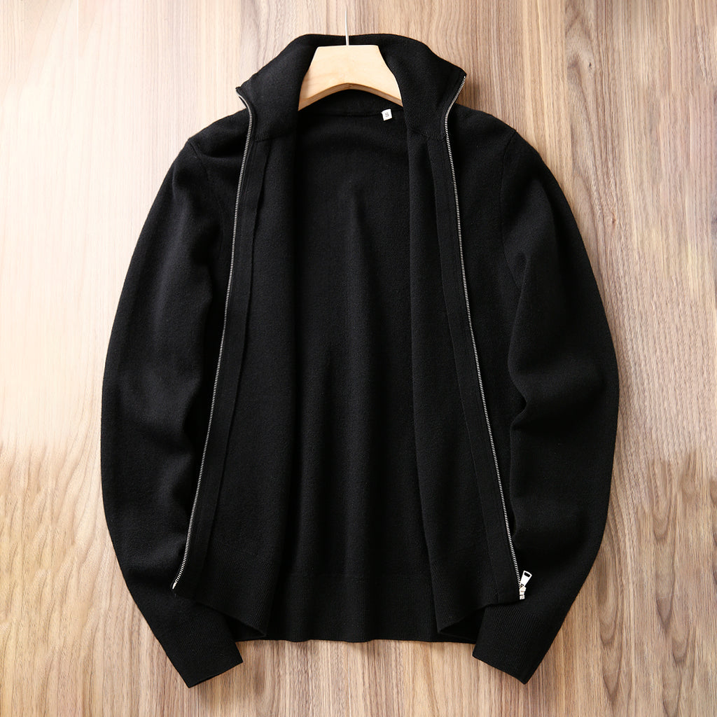 Italian Superfine Golden Wool Stand-Collar Knit – Heavyweight Cardigan Jacket for Autumn/Winter