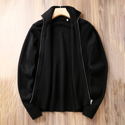 Italian Superfine Golden Wool Stand-Collar Knit – Heavyweight Cardigan Jacket for Autumn/Winter