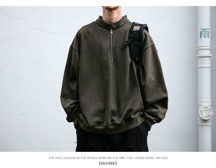 Unisex 465g Washed Vintage Sweatshirt - Boxy Half-Zip Snowflake Knit Pullover