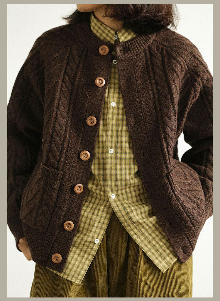 Traditional Aran Fisherman Sweater – Jacquard Knit Crewneck Cardigan (Unisex)