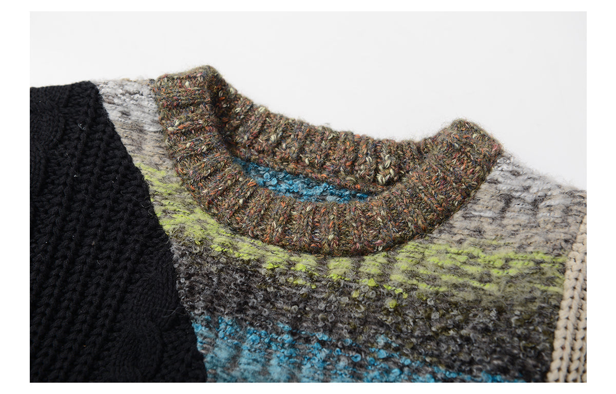 Heavy-weight twisted patchwork gradient back collar camel wool sweater