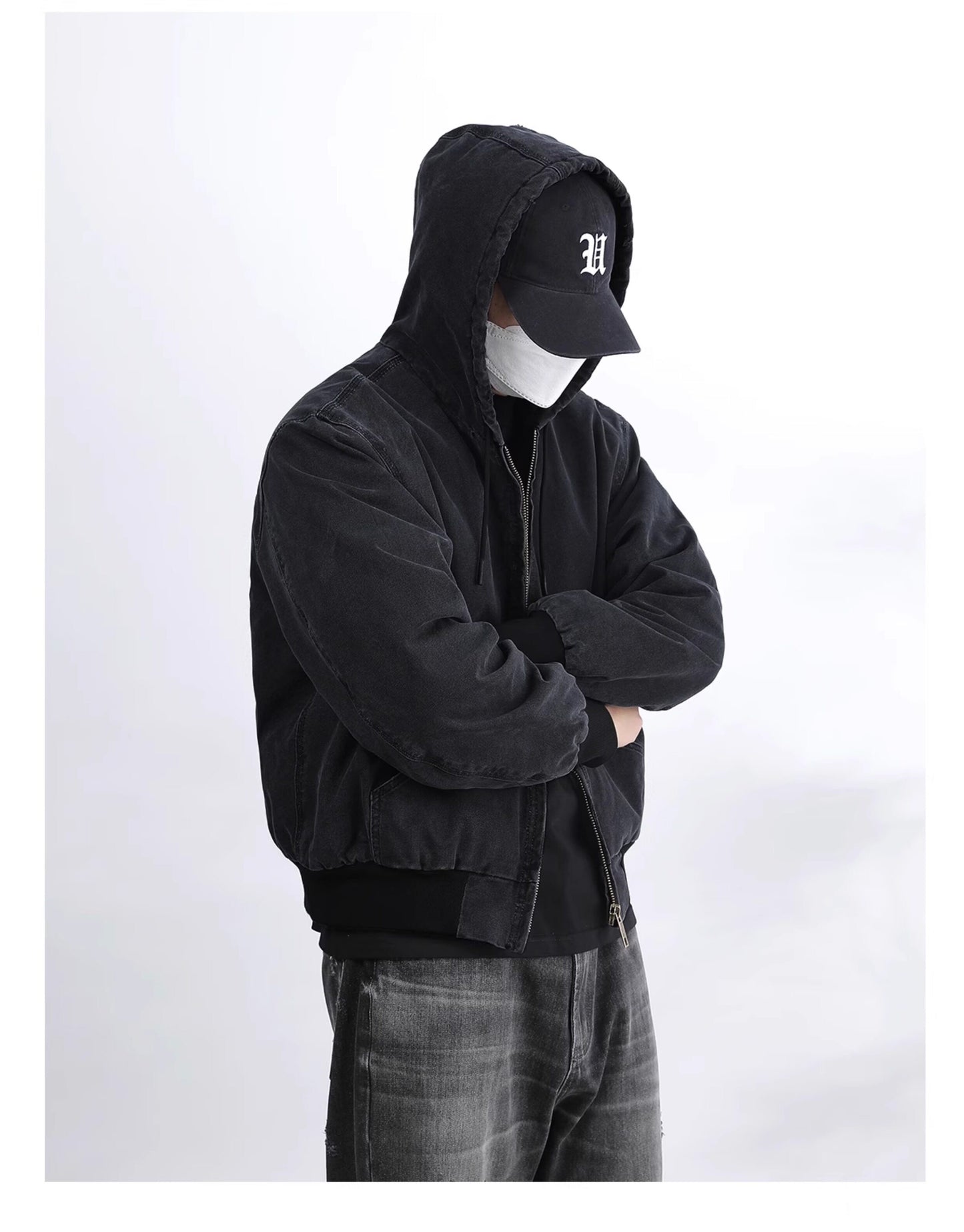 Vintage Wash Distressed Cargo Hoodie Jacket – Thermal Insulated Men's Coat
