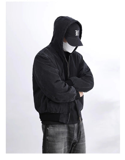 Vintage Wash Distressed Cargo Hoodie Jacket – Thermal Insulated Men's Coat
