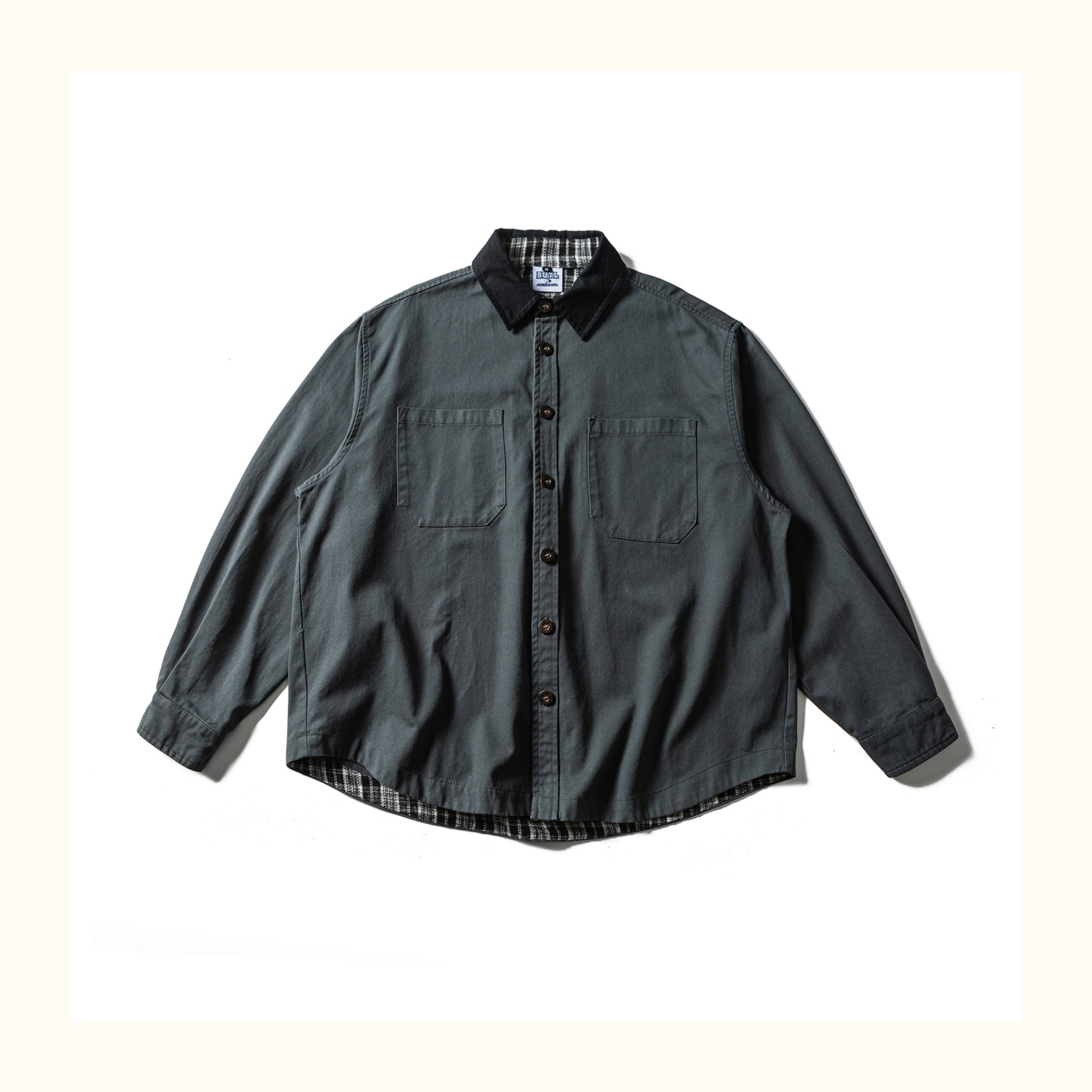 Colour-Block Turn-Down Collar Long Sleeve Shirt – Washed Heavy Cotton (Unisex)