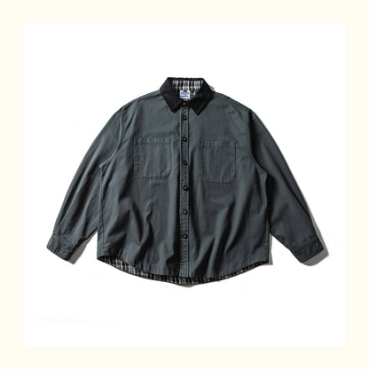 Colour-Block Turn-Down Collar Long Sleeve Shirt – Washed Heavy Cotton (Unisex)