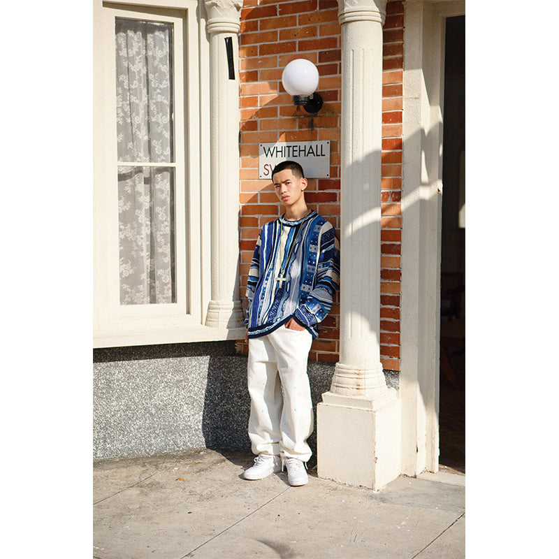 MEDRIA Retro Sweater Pop Style Bitter Melon Striped Ethnic Texture Cleanfit Sweater COOGI Men