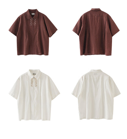 25SS Ramie Blend Passionflower Embroidery Washed Vintage Japanese Style Retro Short Sleeve Shirt
