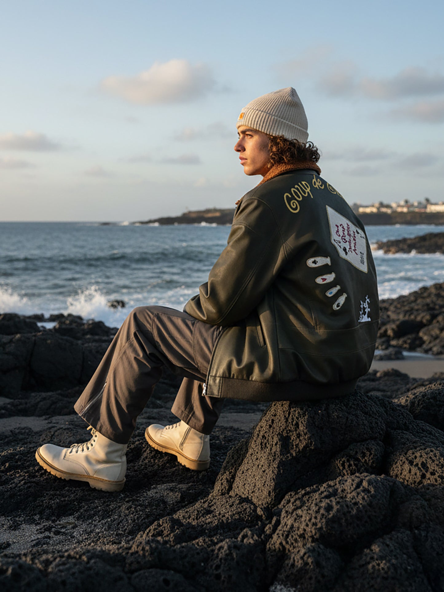 American Retro Leather Cotton Jacket - Lamb Wool Embroidered Coat (Men)