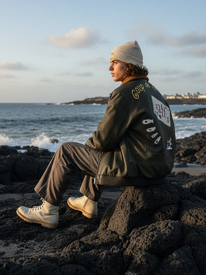 American Retro Leather Cotton Jacket - Lamb Wool Embroidered Coat (Men)