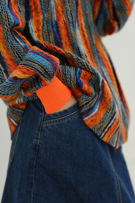 Colorful Striped Lazy Pullover Sweater – Thickened Crew-Neck Loose Fit (Women)