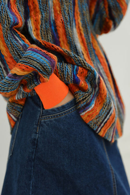 Colorful Striped Lazy Pullover Sweater – Thickened Crew-Neck Loose Fit (Women)