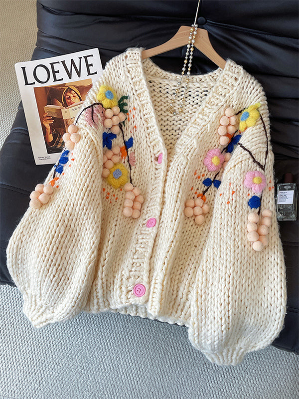 Women's 2025 Autumn French Retro Crochet Cardigan - Handmade 3D Flower Heavy Knit Sweater Coat
