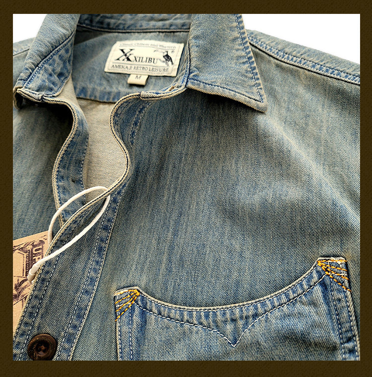 Summer Cotton Denim Short Sleeve Shirt Amekaji Retro Casual New Arrival
