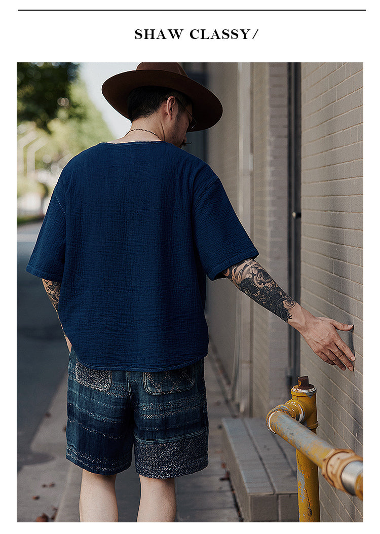 Original Japanese Retro Indigo Dyed Loose Couple Style Casual Short Sleeve T-Shirt