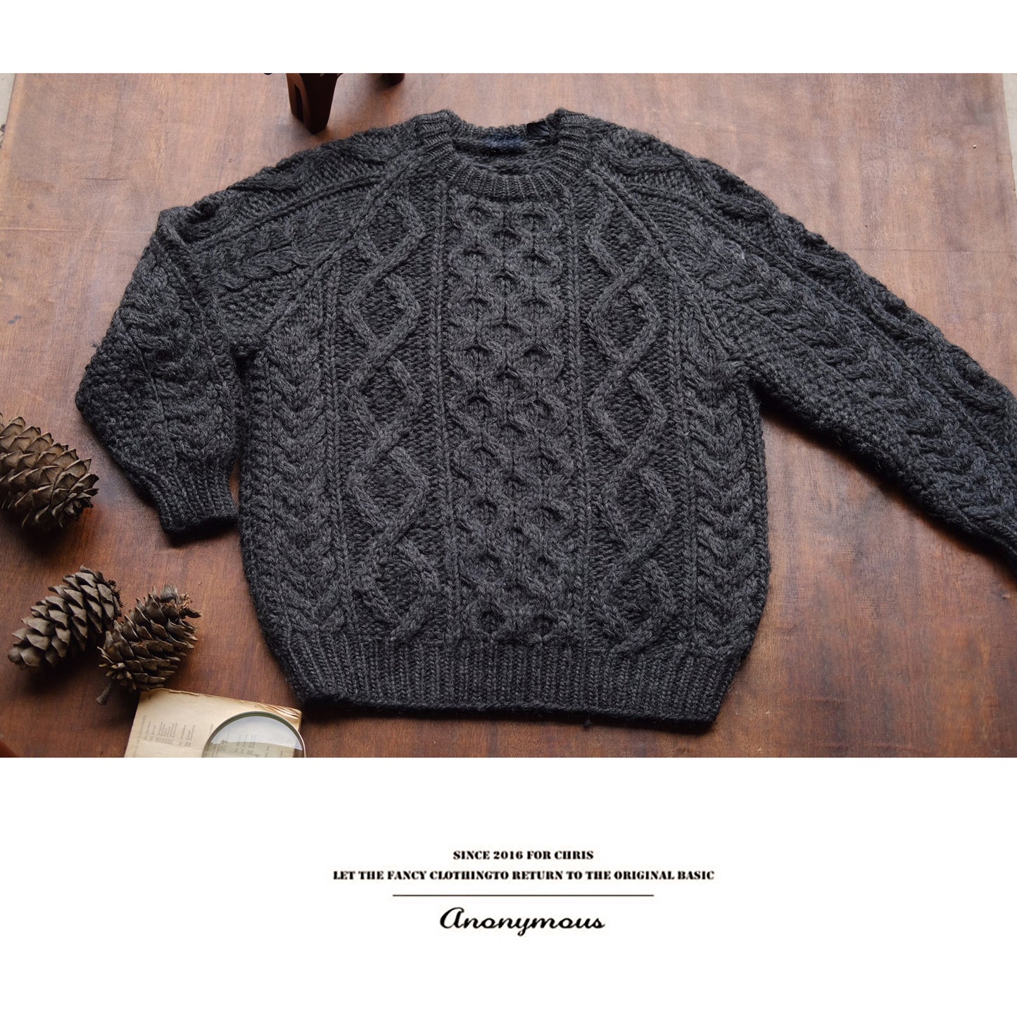 Fisherman-Style Aran Wool Sweater – Thick Knit Retro Khaki Unisex