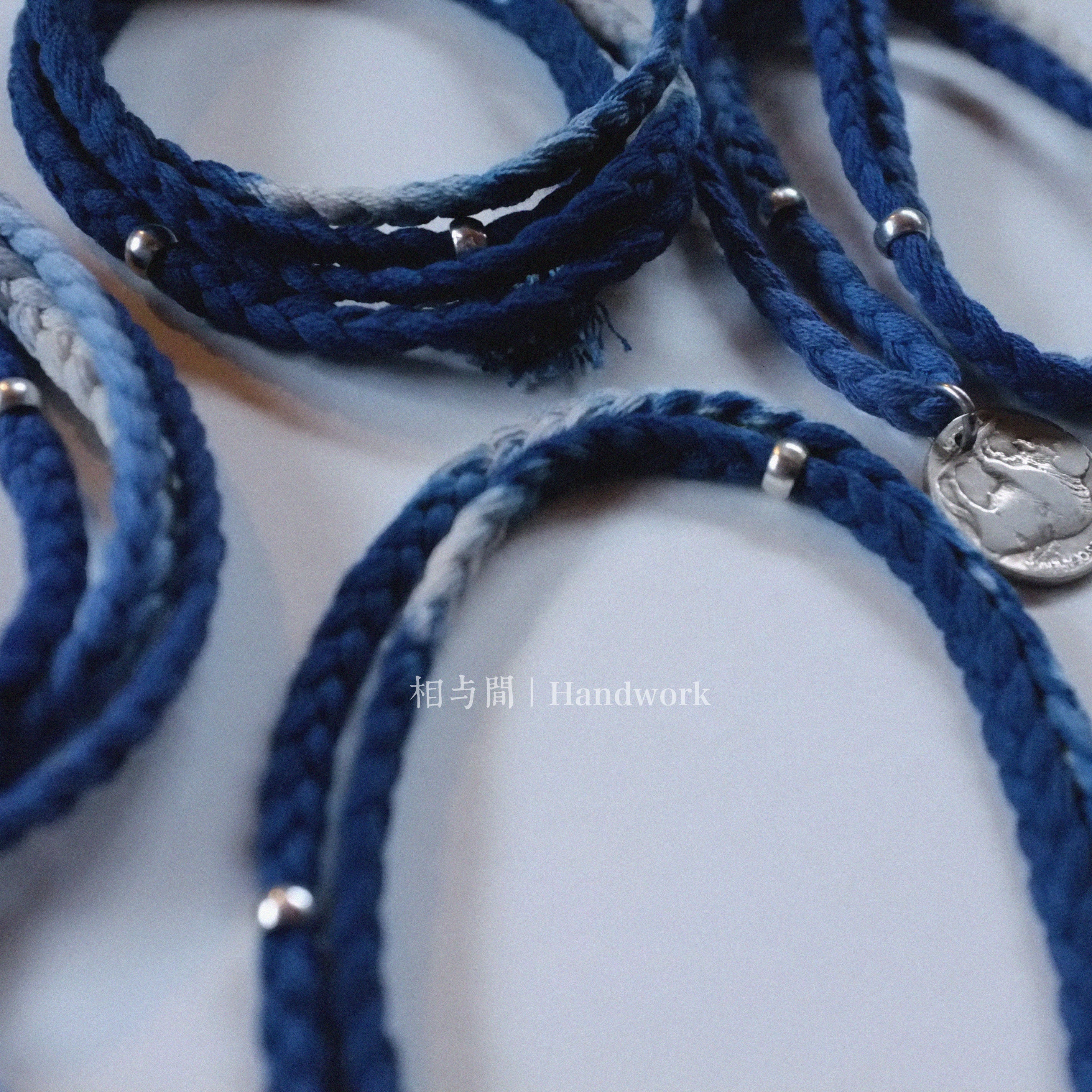 Original Indigo Dyed Vintage Indian Three-Strand Braided Silver Bead Necklace Plant-Dyed Hand Rope