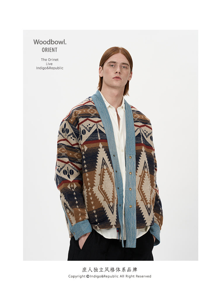 Woodbowl.2023aw Navajo/Woolen Jacket Wool Fabric Tie Ethnic Robe