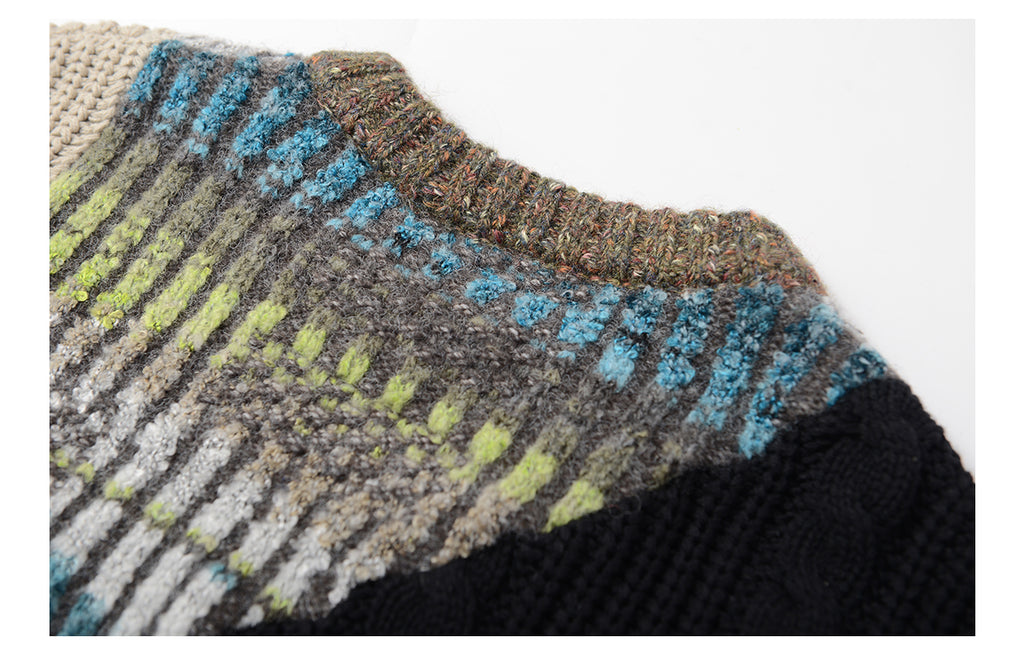 Heavy-weight twisted patchwork gradient back collar camel wool sweater